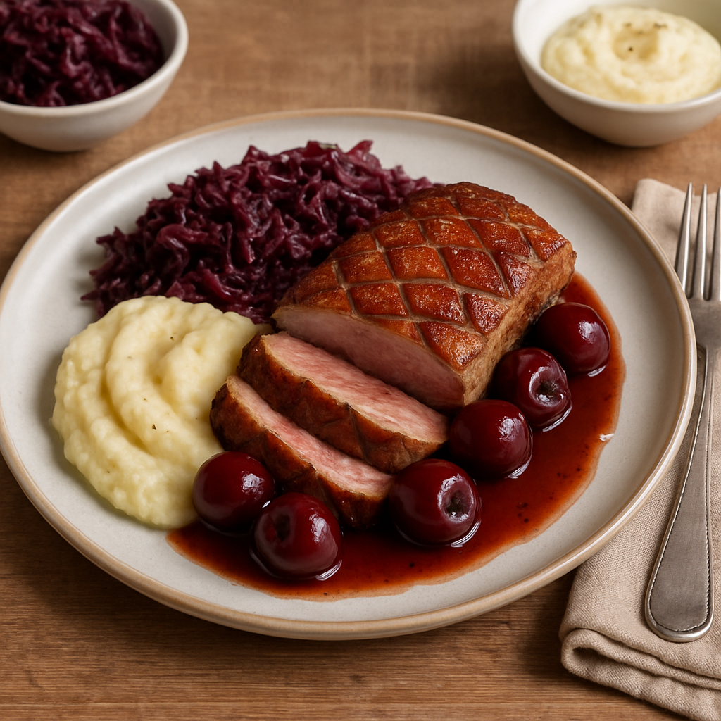 Seared Duck Breast with Cherries, Red Cabbage and Creamy Celeriac Mash