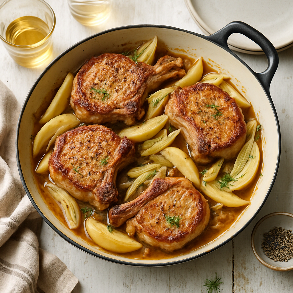 Seared Pork Chops with Apple, Fennel and Cider Pan Sauce