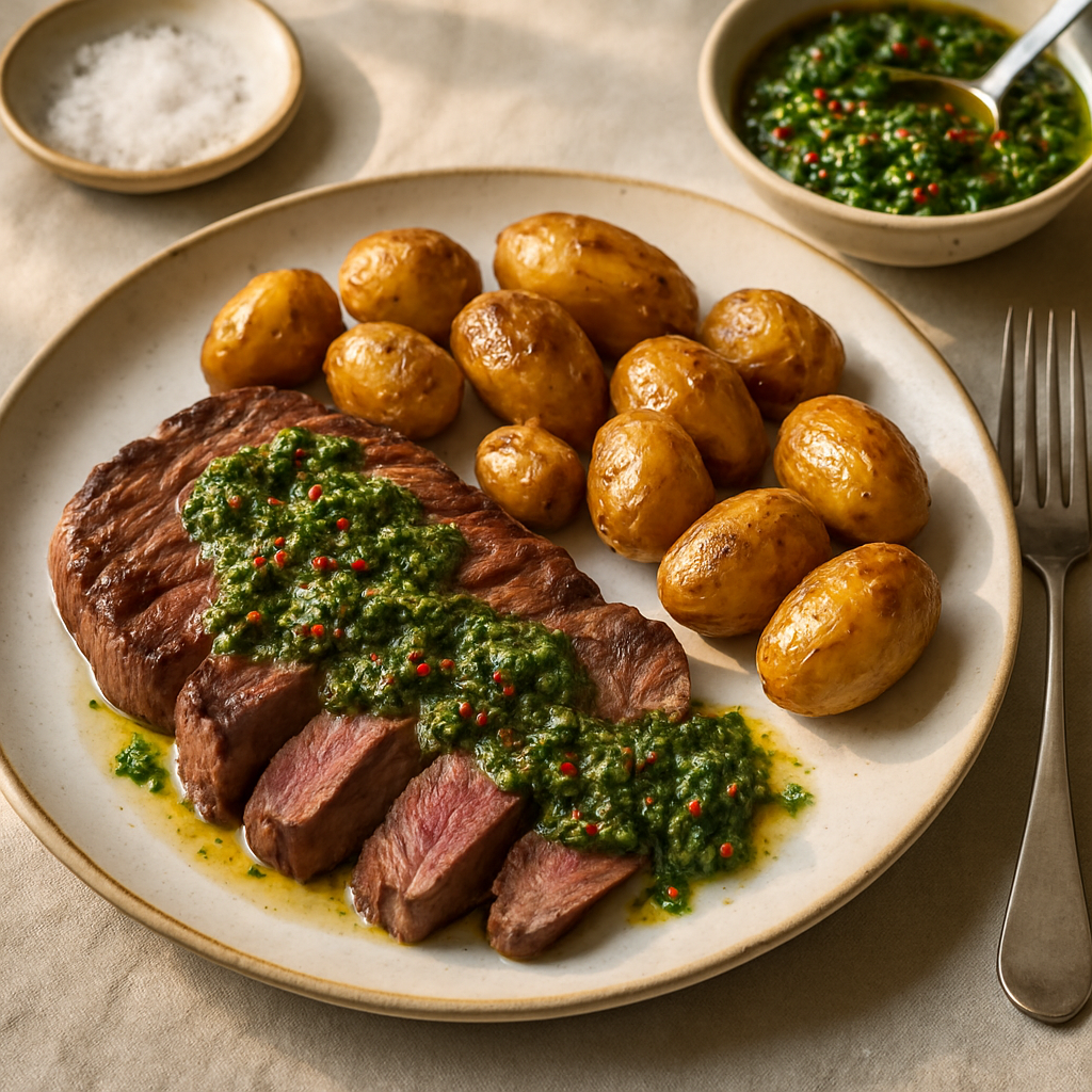Seared Steak with Chimichurri and Roasted New Potatoes
