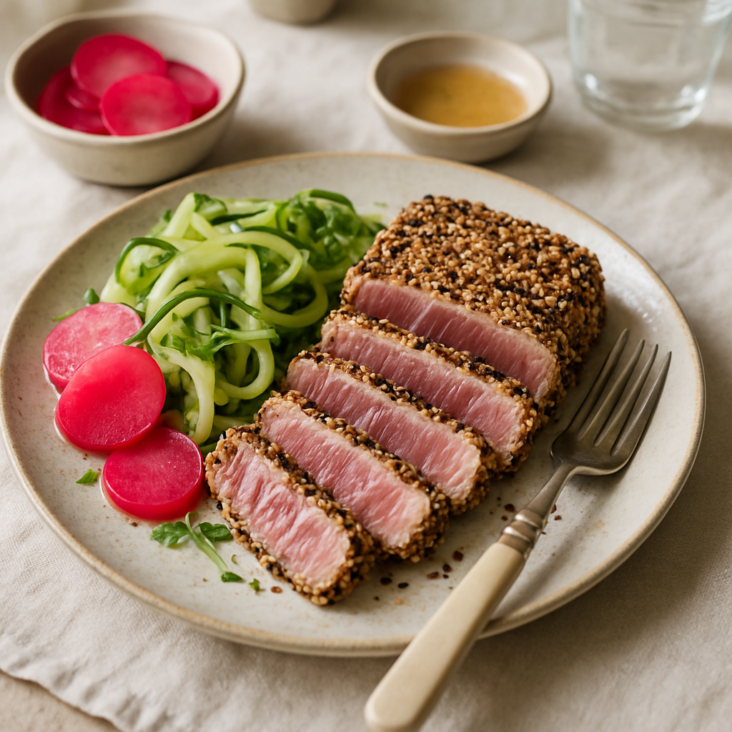 Sesame Crusted Tuna Steak with Pickled Radish and Cucumber Noodles