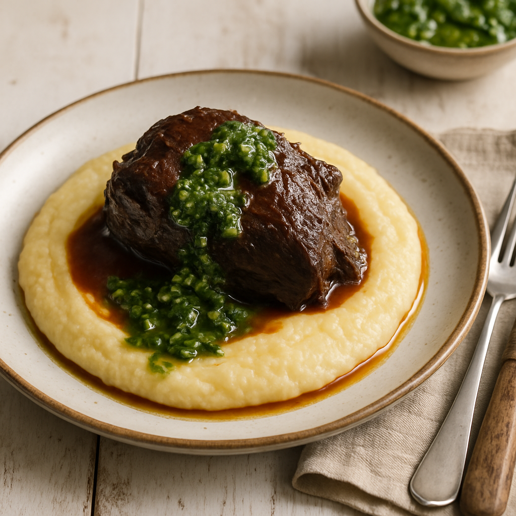 Slow-Cooked Beef Cheek with Creamy Polenta and Salsa Verde