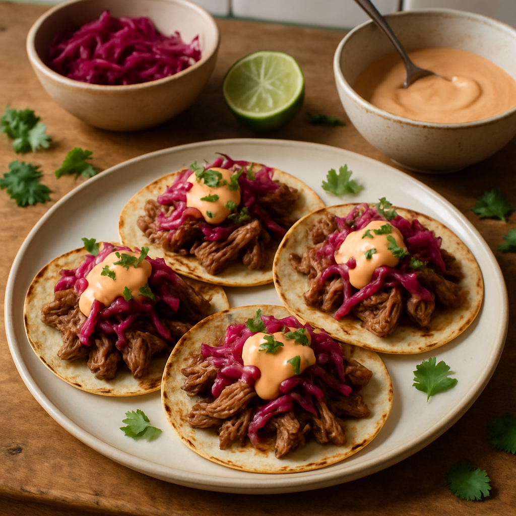 Slow-Cooked Pork Shoulder Tacos with Pickled Red Cabbage and Chipotle Crema