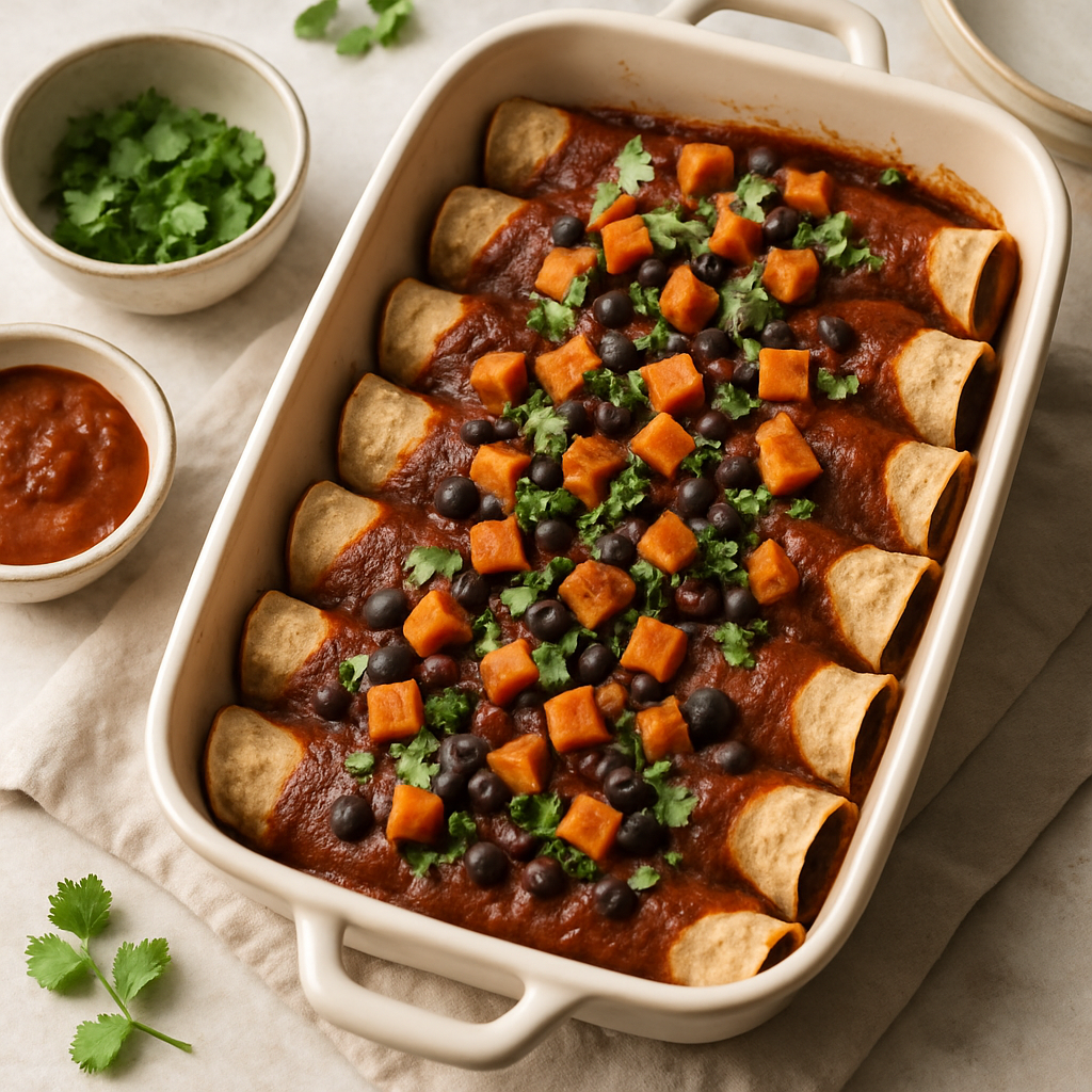 Smoky Black Bean and Sweet Potato Enchiladas with Chipotle Sauce