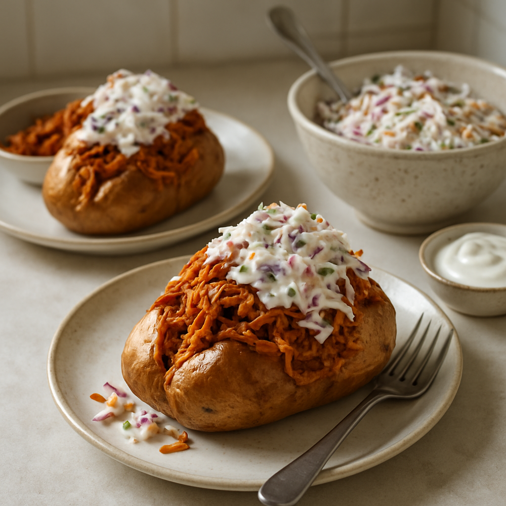 Smoky Pulled Chicken Jacket Potatoes with Greek Yoghurt Slaw