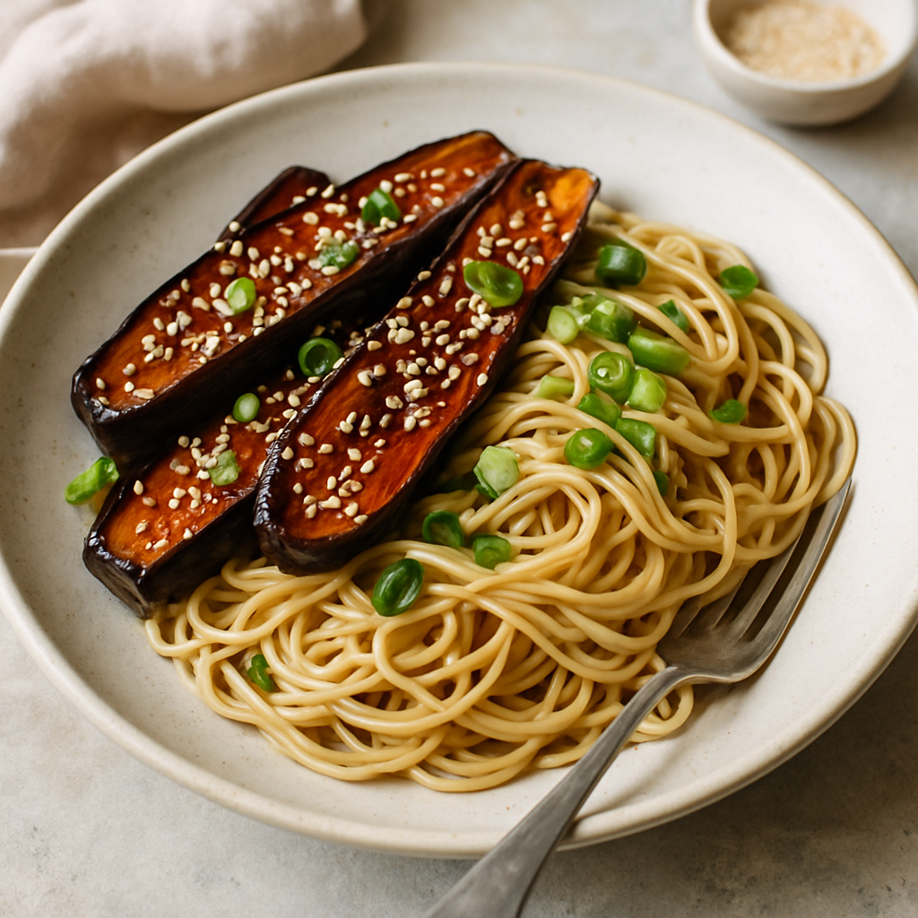 Soy-Glazed Aubergine with Sesame Noodles and Spring Onions