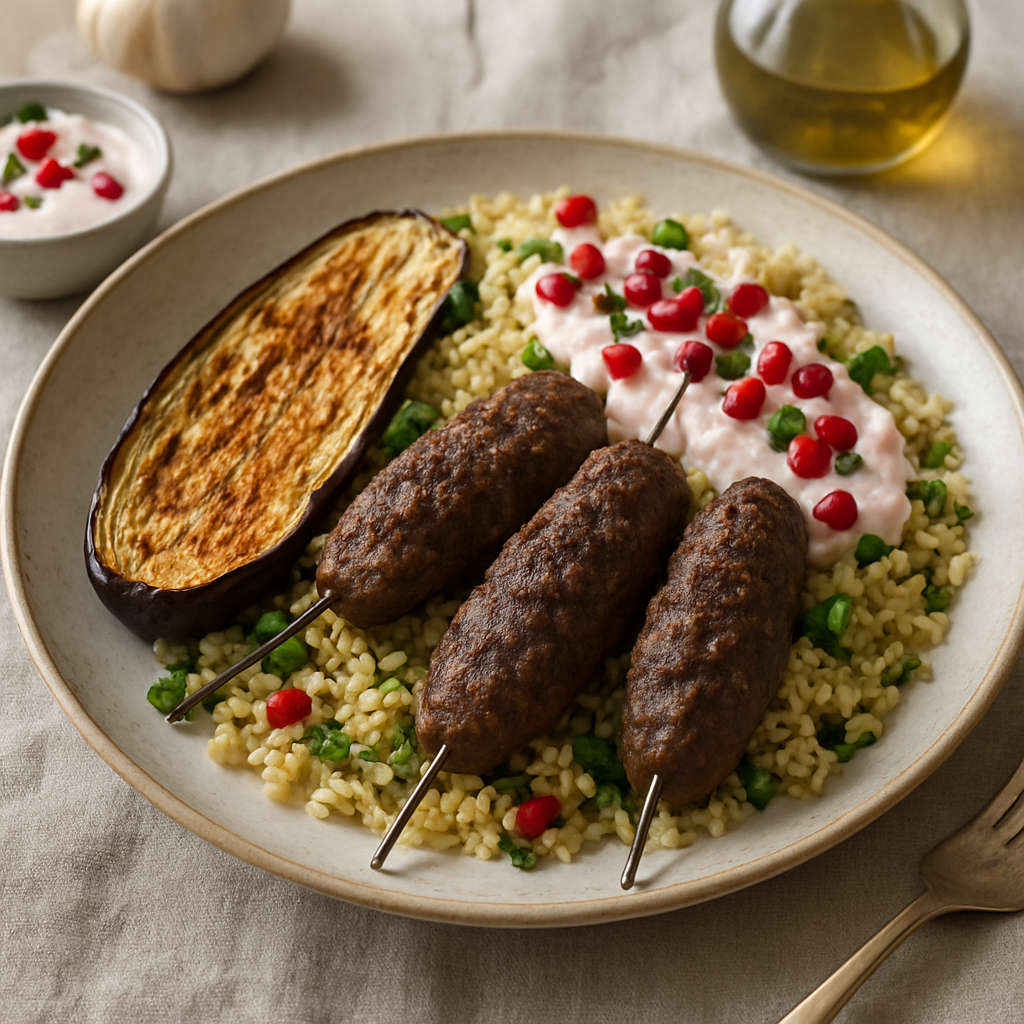 Spiced Beef Kofta with Roasted Aubergine, Bulgur and Pomegranate Yoghurt