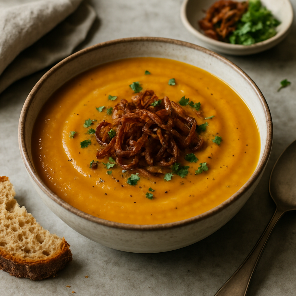Spiced Butternut Squash and Red Lentil Soup with Crispy Shallots