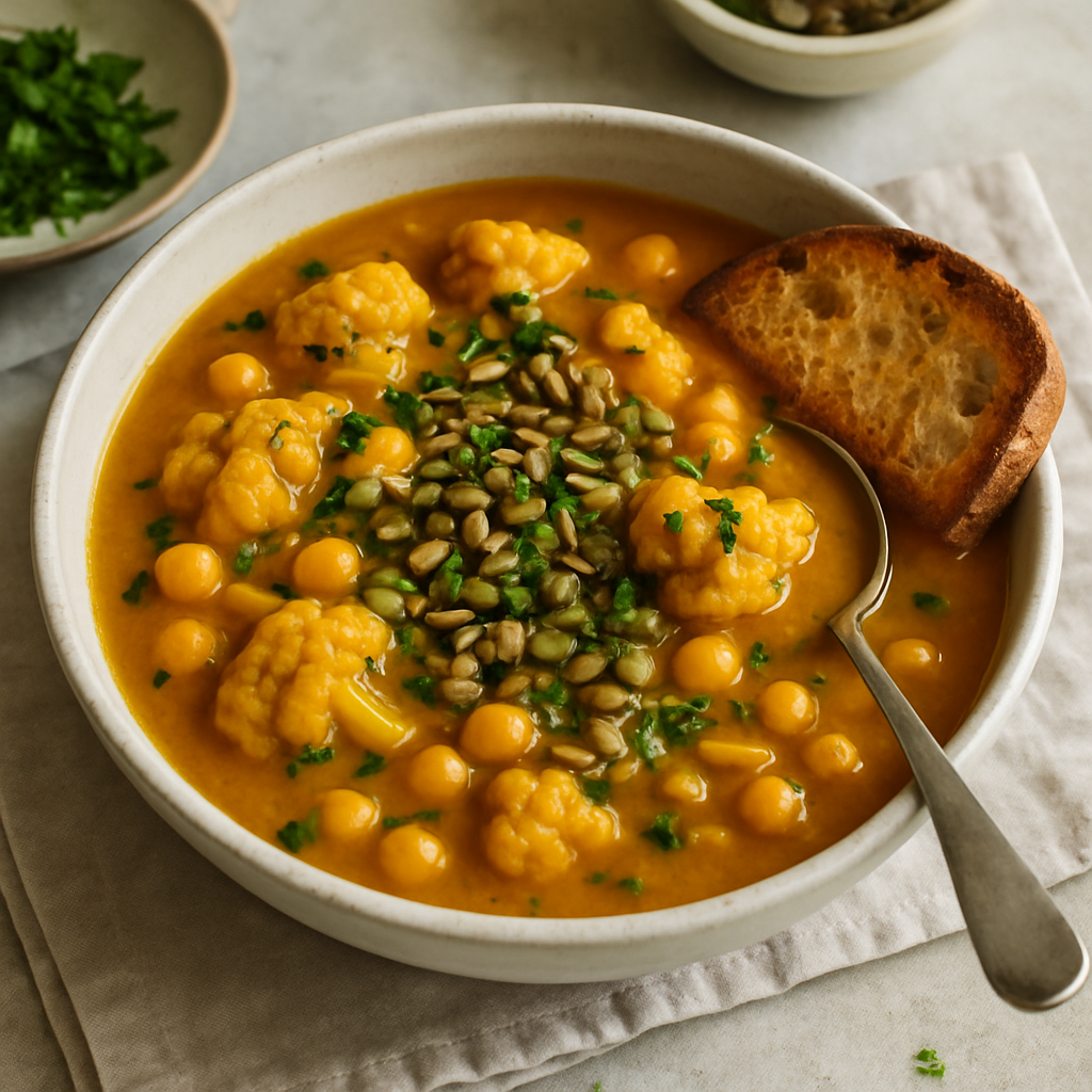 Spiced Cauliflower and Chickpea Soup with Toasted Seeds