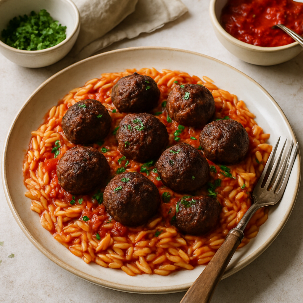 Spiced Lamb Meatballs with Roasted Tomato Sauce and Orzo