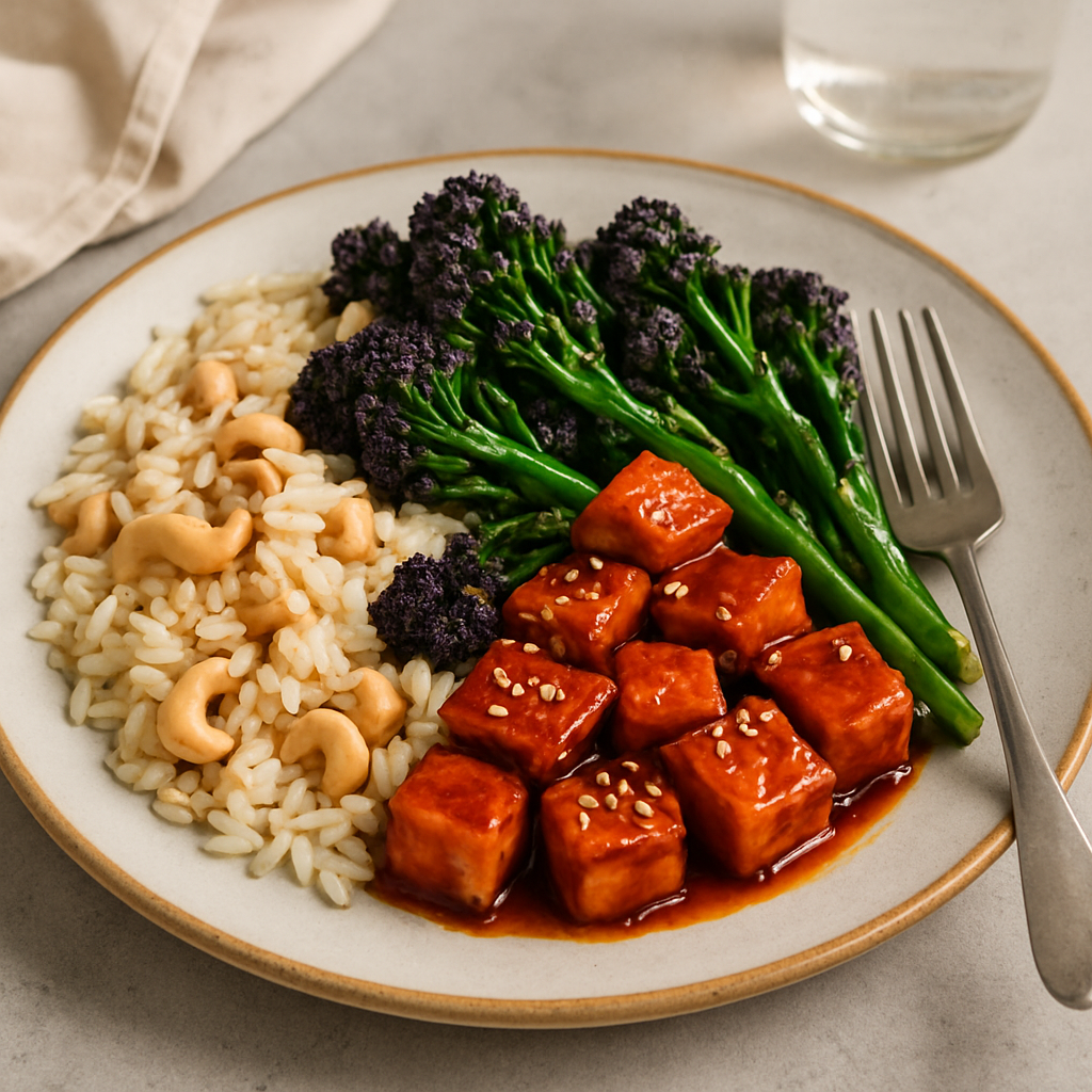 Sticky Ginger Tofu Stir-Fry with Purple Sprouting Broccoli and Cashew Rice