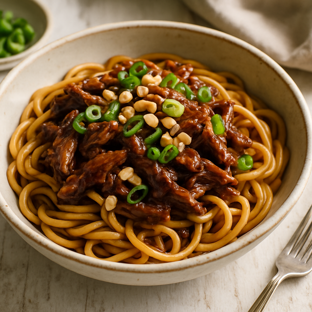 Sticky Hoisin Duck Noodles with Spring Onions and Toasted Peanuts