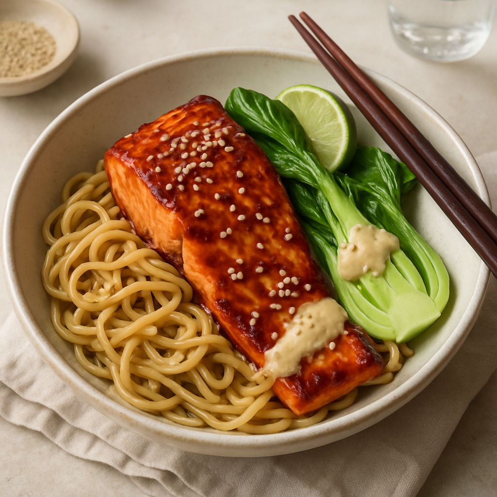 Sticky Miso Salmon Noodle Bowl with Pak Choi and Sesame Dressing