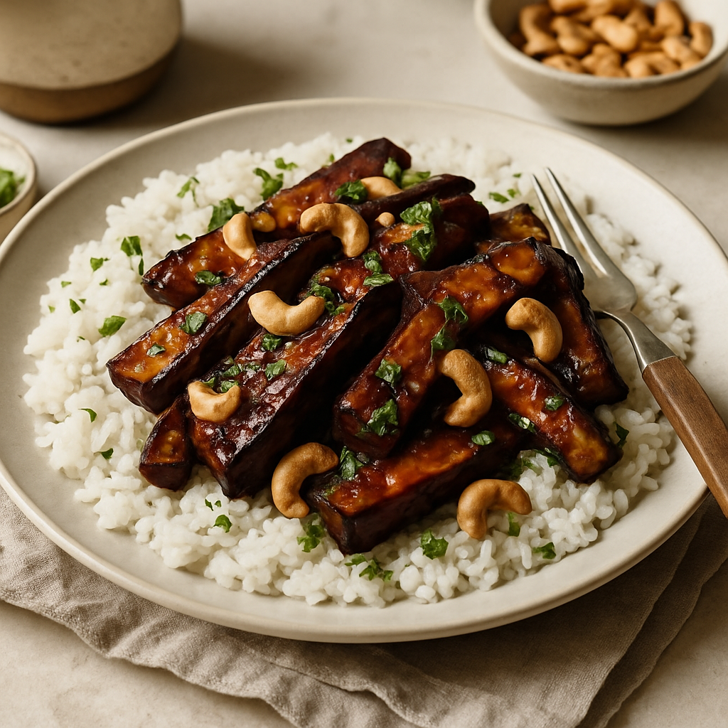 Sticky Tamarind Aubergine with Coconut Rice and Toasted Cashews