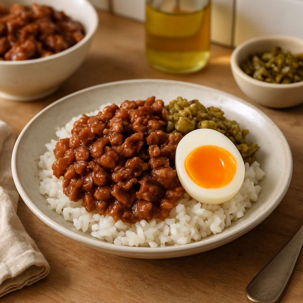 Taiwanese Braised Pork Rice with Soft-Boiled Egg and Pickled Mustard Greens